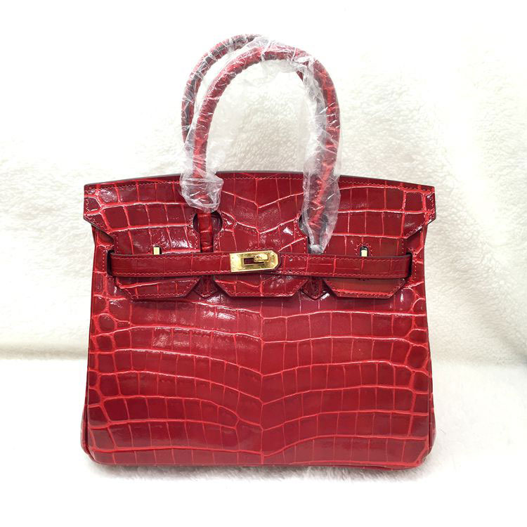 2015 Hermes Birkin 25cm Crocodile stripes Leather Handbag H25 Red