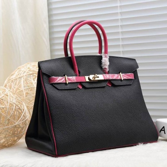 2015 Hermes Birkin 35CM Tote Bag Clemence leather H35 Black&Rose with Gold