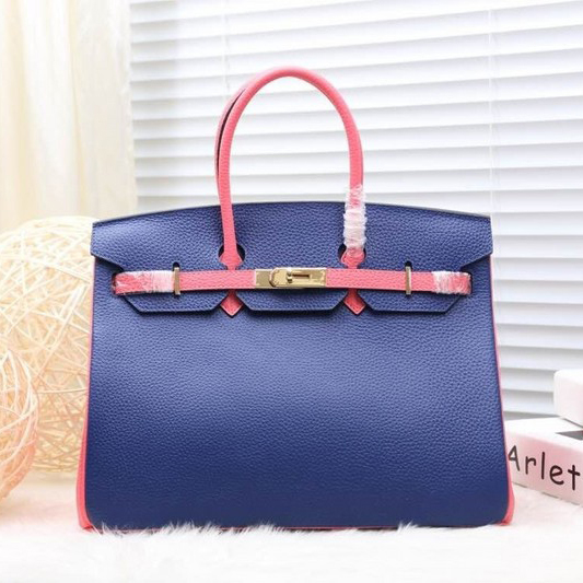 2015 Hermes Birkin 35CM Tote Bag Clemence leather H35 Royal&Pink with Gold