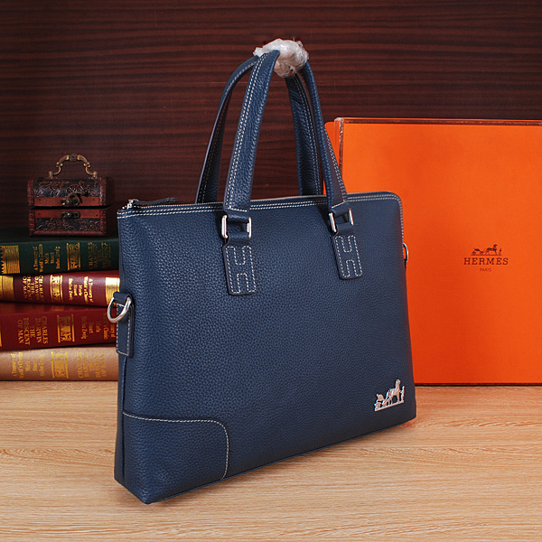 2015 Hermes Briefcase Grainy Calf Leather H8013 Blue