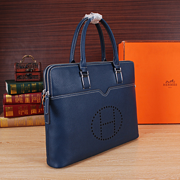 2015 Hermes Briefcase Grainy Leather H8043 Blue