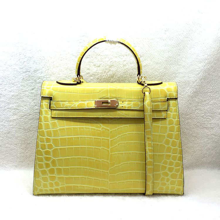 2015 Hermes Kelly 32cm Crocodile stripes Leather Bag Yellow with Gold hardware