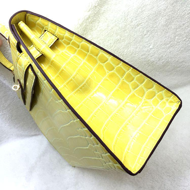 2015 Hermes Kelly 32cm Crocodile stripes Leather Bag Yellow with Gold hardware