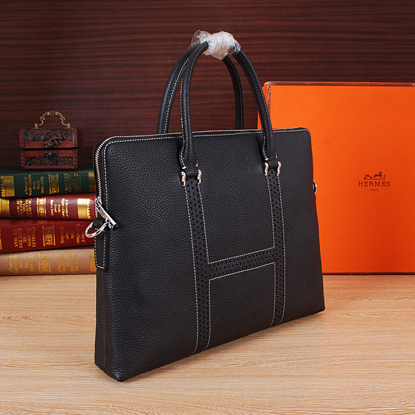 2015 Hermes Mens Briefcase Original Grainy Leather H8015 in Black