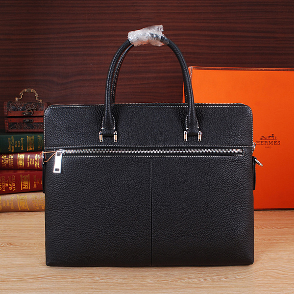 2015 Hermes Mens Briefcase Original Grainy Leather H8015 in Black