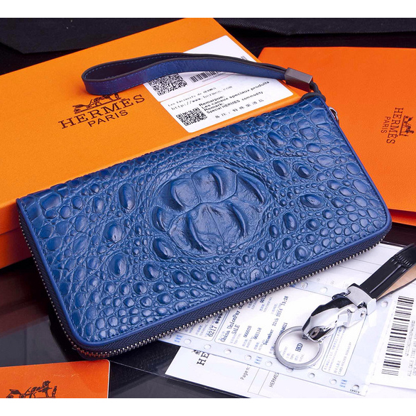 2015 Hermes Zip Around Wallet Original crocodile Leather H565 Blue