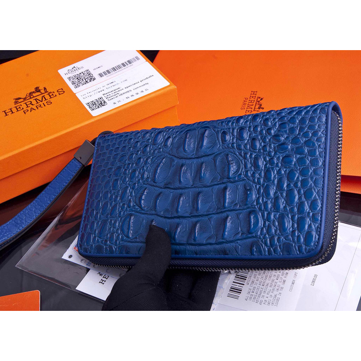 2015 Hermes Zip Around Wallet Original crocodile Leather H565 Blue