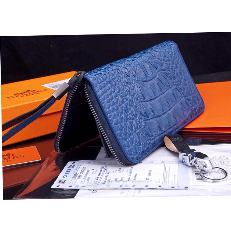 2015 Hermes Zip Around Wallet Original crocodile Leather H565 Blue