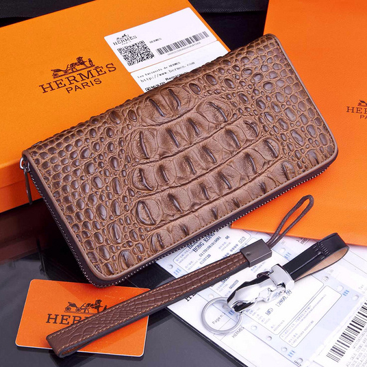 2015 Hermes Zip Around Wallet Original crocodile Leather H565 Coffee