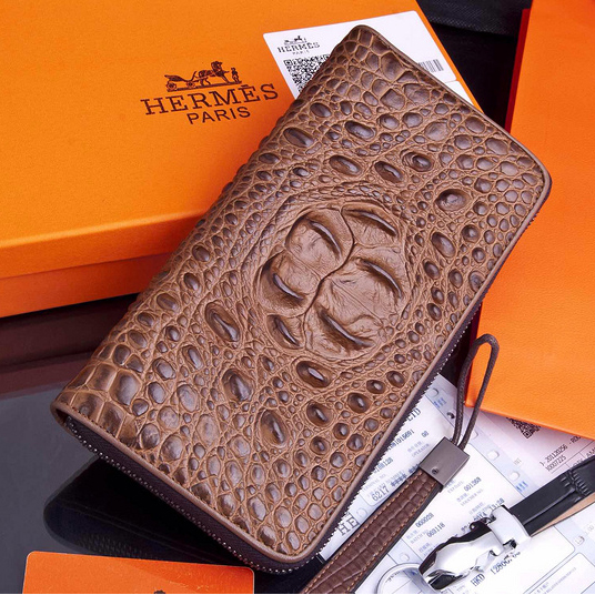 2015 Hermes Zip Around Wallet Original crocodile Leather H565 Coffee