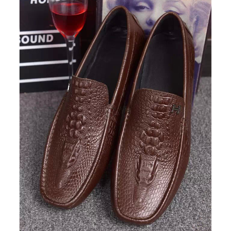 2015 Hermes men Crocodile stripes leather casual shoes