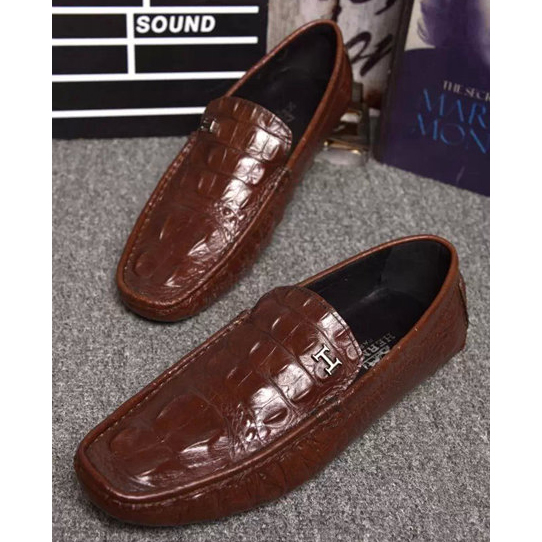 2015 Hermes men Crocodile stripes leather casual shoes