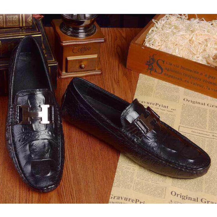 2015 Hermes men Crocodile stripes shoes