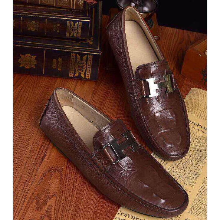 2015 Hermes men Crocodile stripes shoes