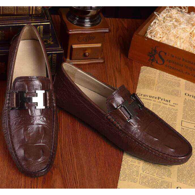 2015 Hermes men Crocodile stripes shoes