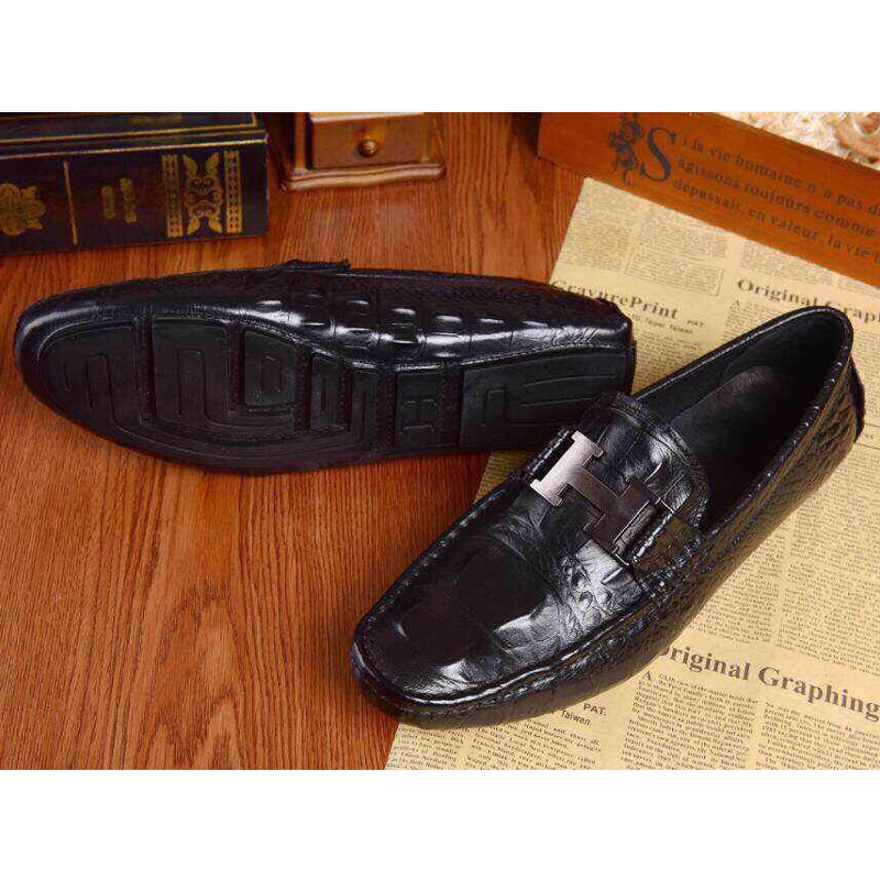 2015 Hermes men Crocodile stripes shoes