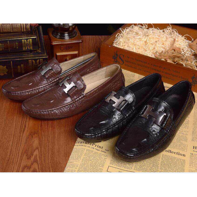 2015 Hermes men Crocodile stripes shoes