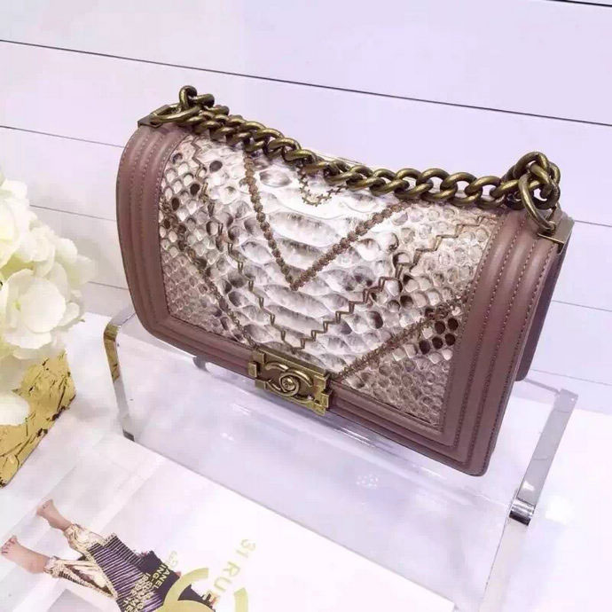 2015 LE Boy Chanel Flap Shoulder Bag Python Leather A67086 Light Brown