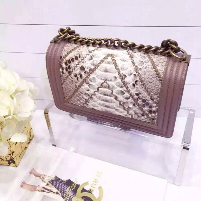 2015 LE Boy Chanel Flap Shoulder Bag Python Leather A67086 Light Brown