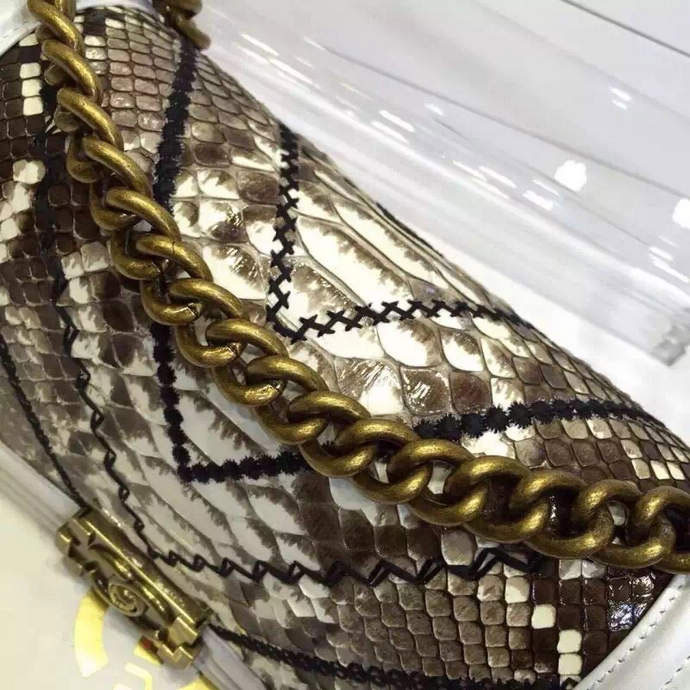 2015 LE Boy Chanel Flap Shoulder Bag Python Leather A67086 White