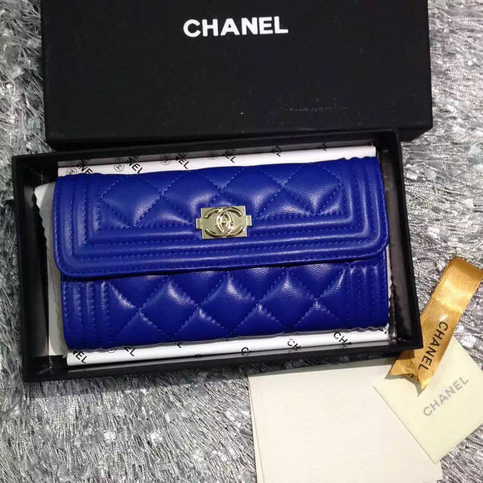 2015 Le boy Chanel Matelasse Bi-Fold Wallet Original Leather A50096 Blue