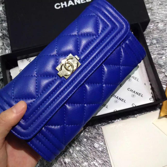 2015 Le boy Chanel Matelasse Bi-Fold Wallet Original Leather A50096 Blue