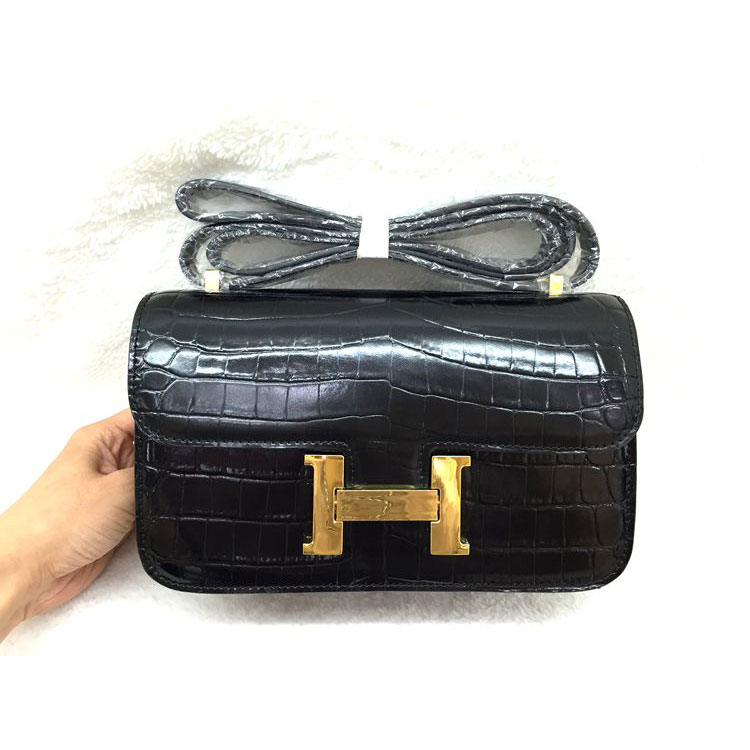 2015 Popular Style Hermes Constance Bag Crocodile stripes Leather H9998B Black