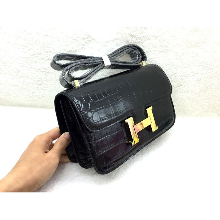 2015 Popular Style Hermes Constance Bag Crocodile stripes Leather H9998B Black