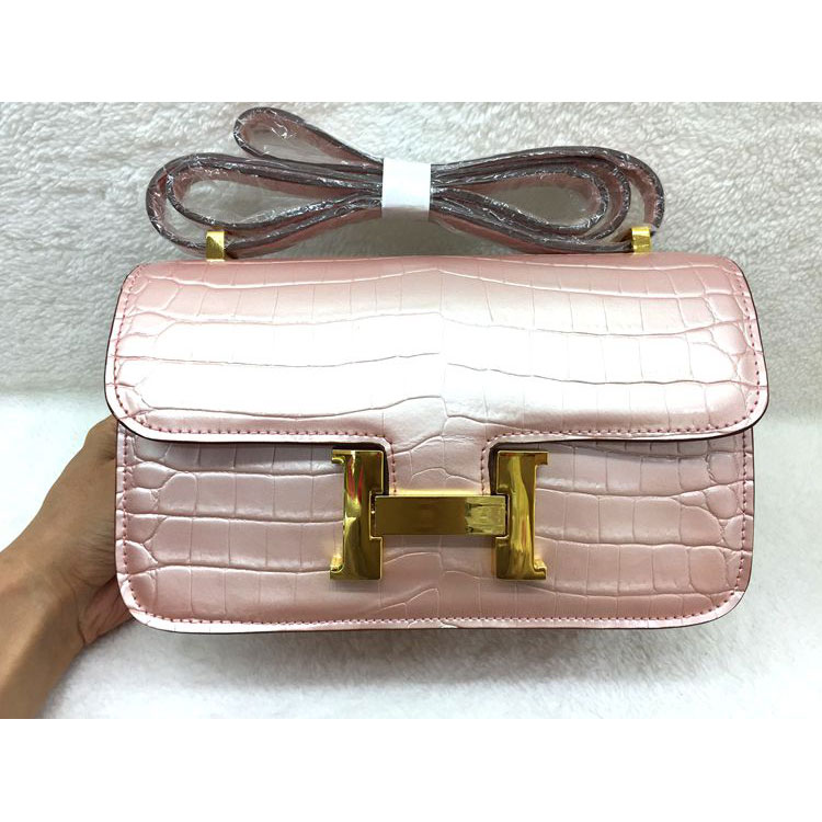 2015 Popular Style Hermes Constance Bag Crocodile stripes Leather H9998B Pink