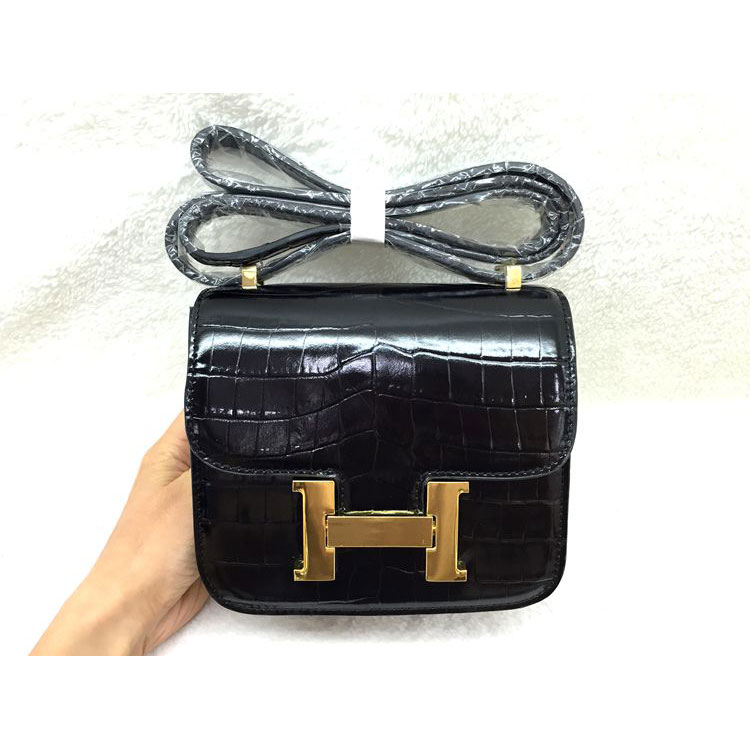 2015 Popular Style Hermes Constance Bag Crocodile stripes Leather H9998S Black