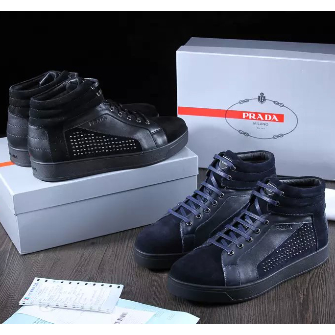 2015 Prada men Nubuck rivet high-top casual shoes