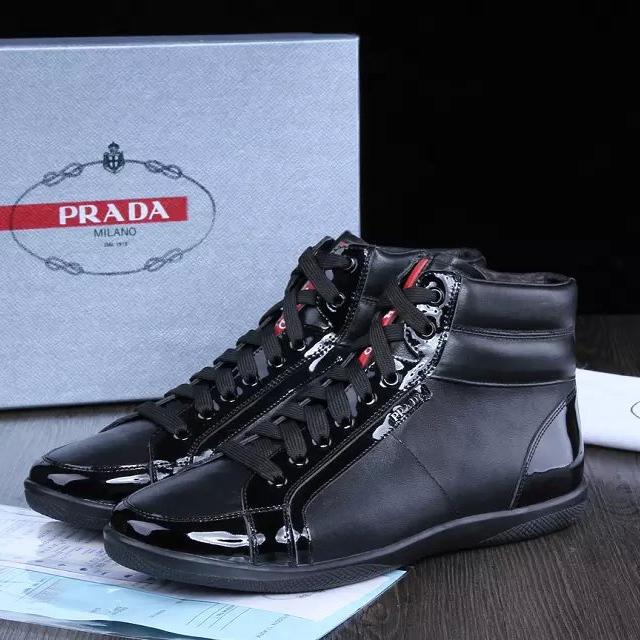 2015 Prada men Paint leather strap high-top casual shoes