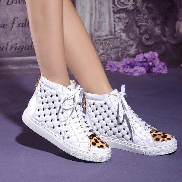 2015 chanel New Arrivals Leopard horsehair stitching rivet Casual shoes