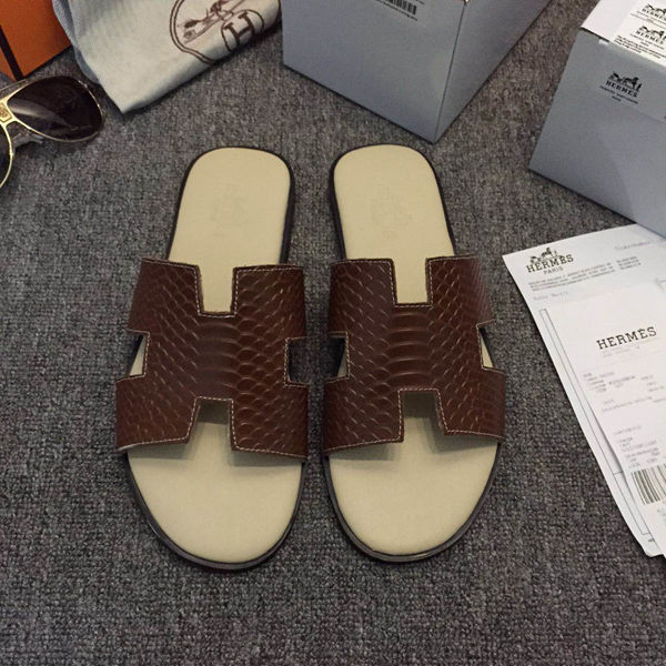 2015 new arrivals Hermes men slippers shoes in Snakeskin stripe leather