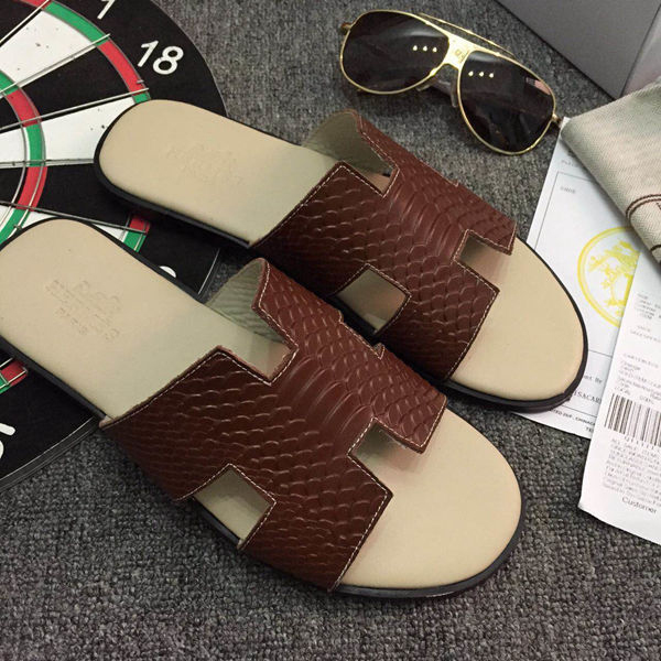 2015 new arrivals Hermes men slippers shoes in Snakeskin stripe leather