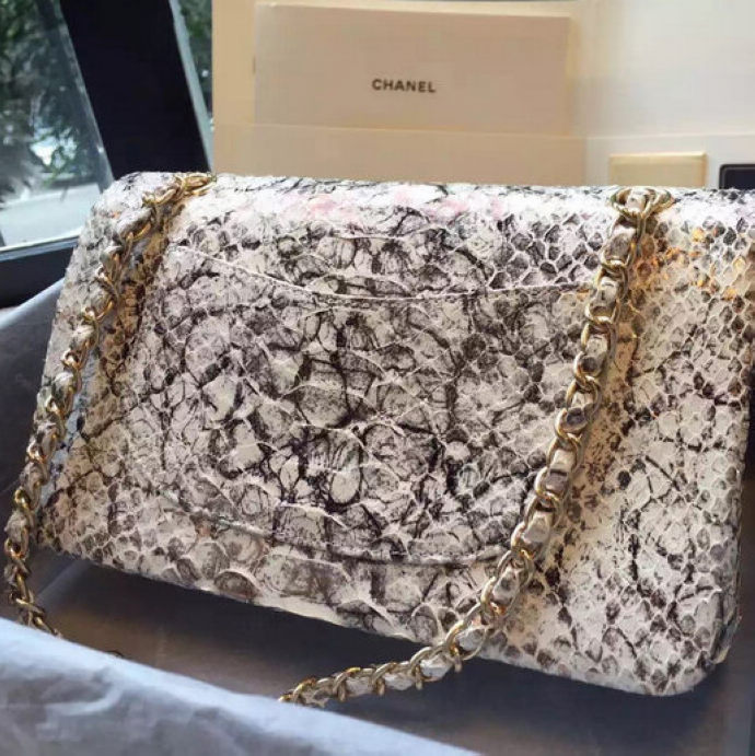 2016 Chanel 2.55 Series Flap Bag Python Leather A1112 Off-White with Gold