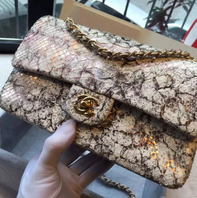 2016 Chanel 2.55 Series Flap Bag Python Leather A1112 Off-White with Gold