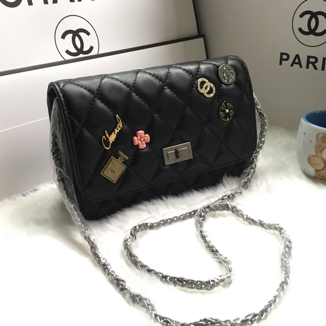 2016 Chanel A33814 Black Sheekskin Leather Mini Flap Bag in Silver