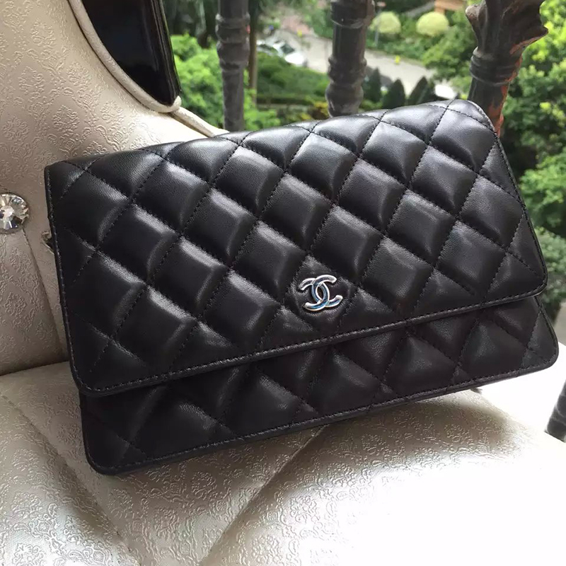 2016 Chanel A33814 Original Sheekskin Leather mini Flap Bag Black in Silver