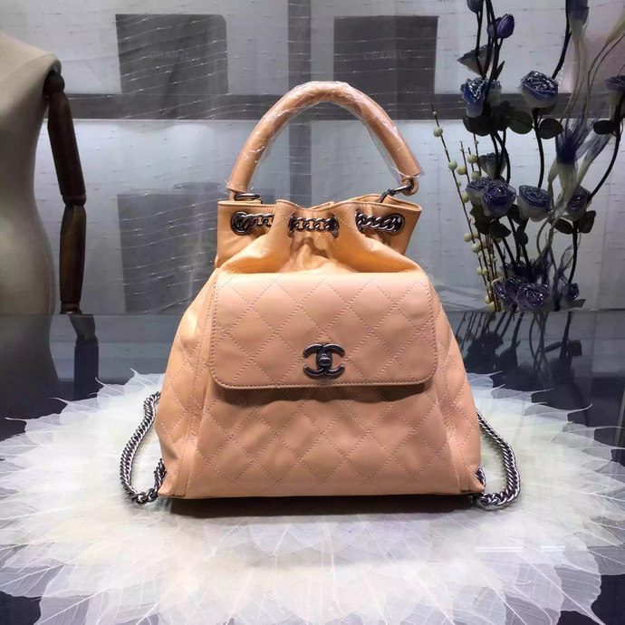 2016 Chanel A93881 Calfskin Leather Drawstring Bag With Handle Apricot