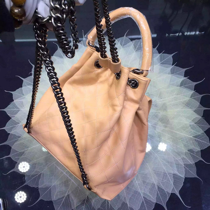 2016 Chanel A93881 Calfskin Leather Drawstring Bag With Handle Apricot