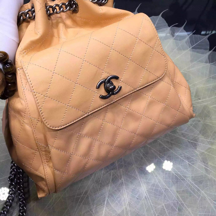 2016 Chanel A93881 Calfskin Leather Drawstring Bag With Handle Apricot