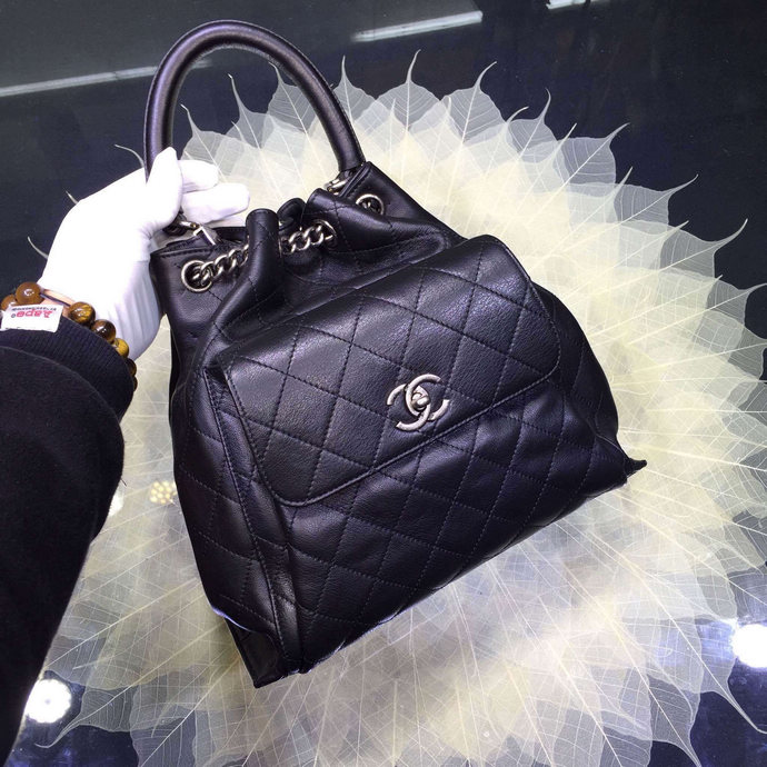 2016 Chanel A93881 Calfskin Leather Drawstring Bag With Handle Black