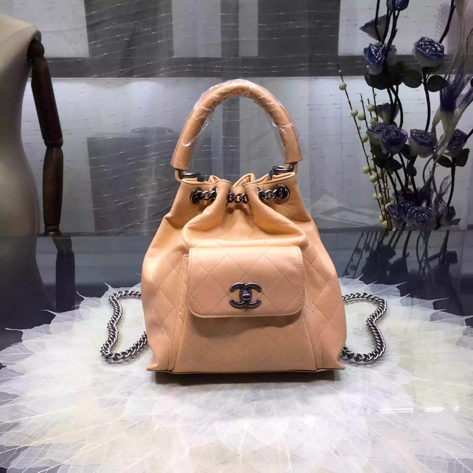 2016 Chanel A93882 Calfskin Leather Drawstring Bag With Handle Apricot