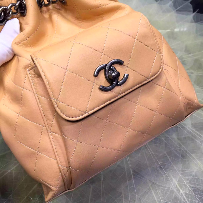 2016 Chanel A93882 Calfskin Leather Drawstring Bag With Handle Apricot