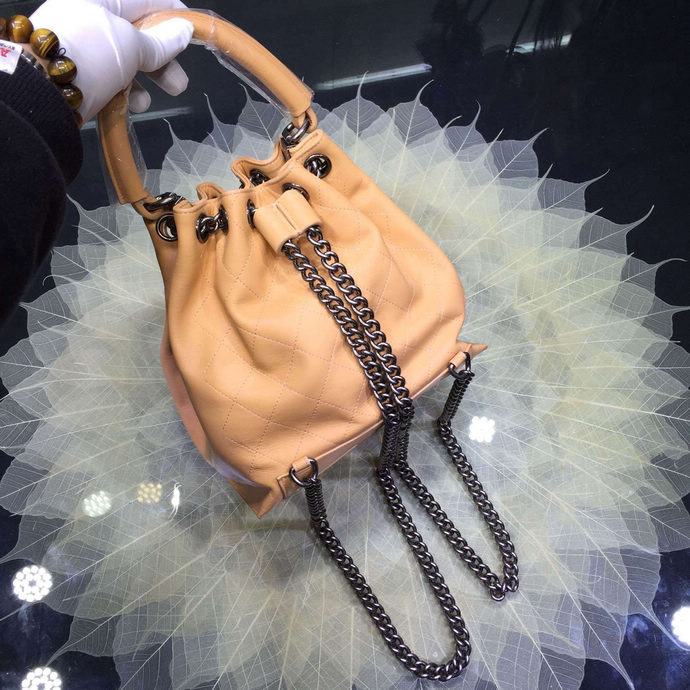 2016 Chanel A93882 Calfskin Leather Drawstring Bag With Handle Apricot