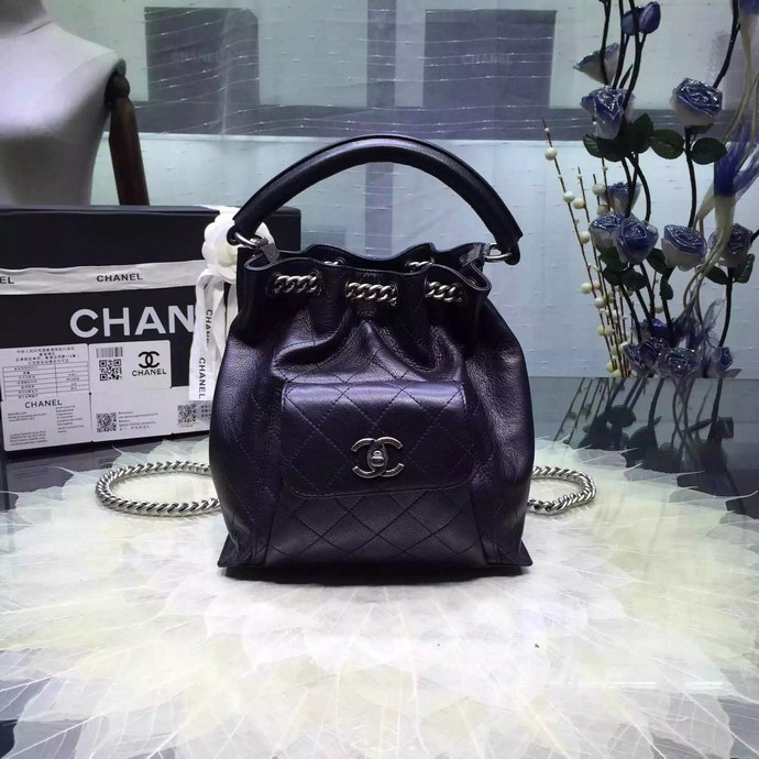 2016 Chanel A93882 Calfskin Leather Drawstring Bag With Handle Black