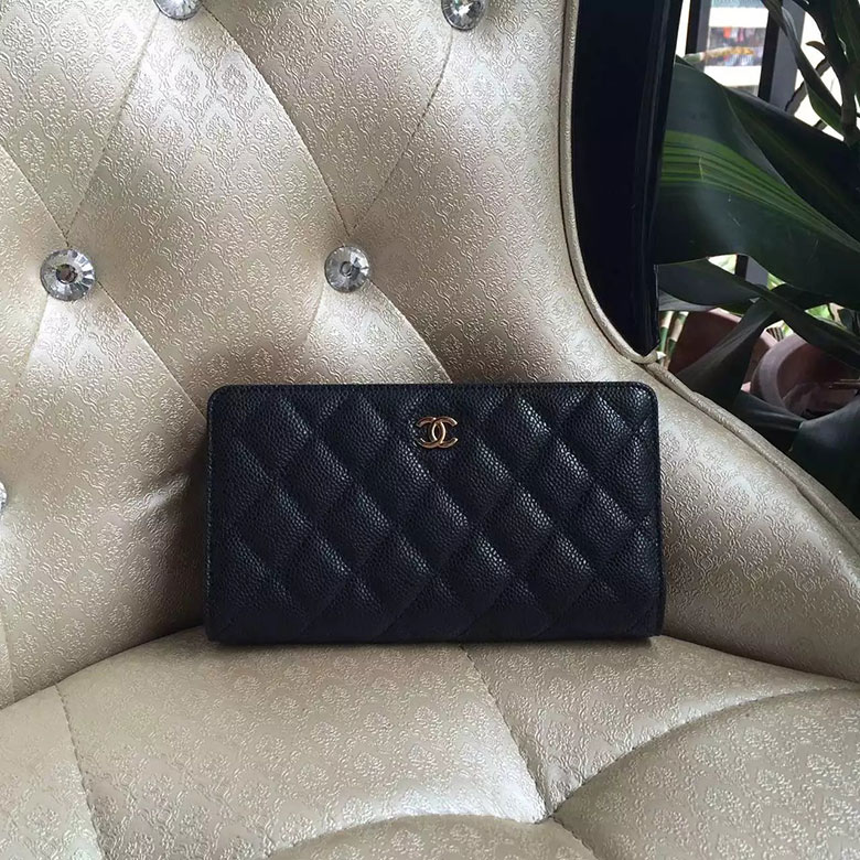 2016 Chanel Bi-Fold Wallet Black Original Caviar leather A31509 Gold