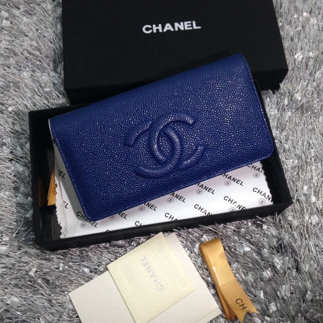 2016 Chanel Bi-Fold Wallet Blue Caviar leather A31509 Gold