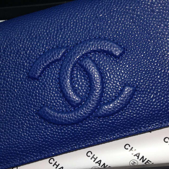 2016 Chanel Bi-Fold Wallet Blue Caviar leather A31509 Gold